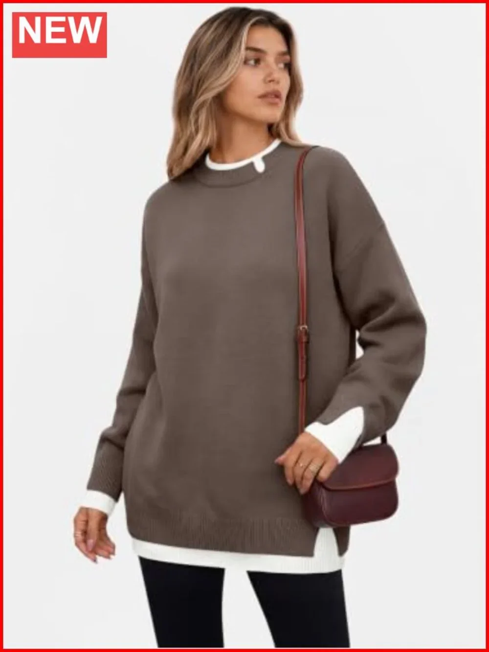 Oversized Patchwork Sweater Slit Cuff Crew Neck Pullover